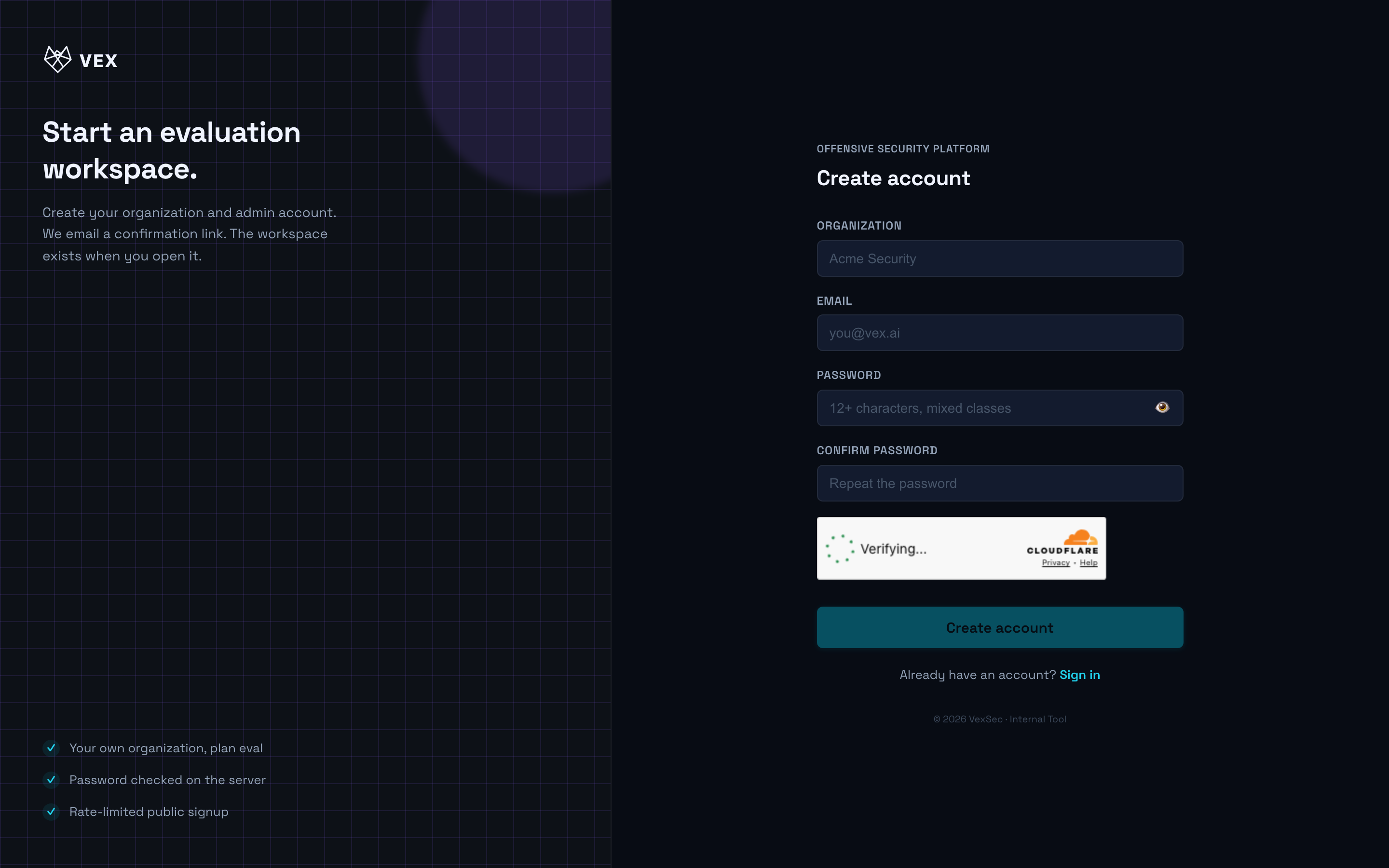 Vex Raptor console — auth-register