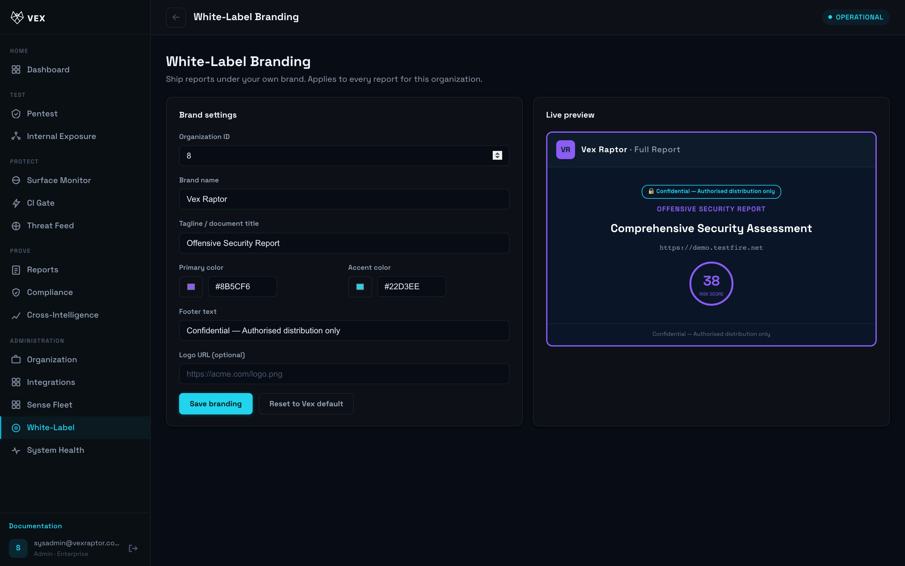 Vex Raptor console — branding-form