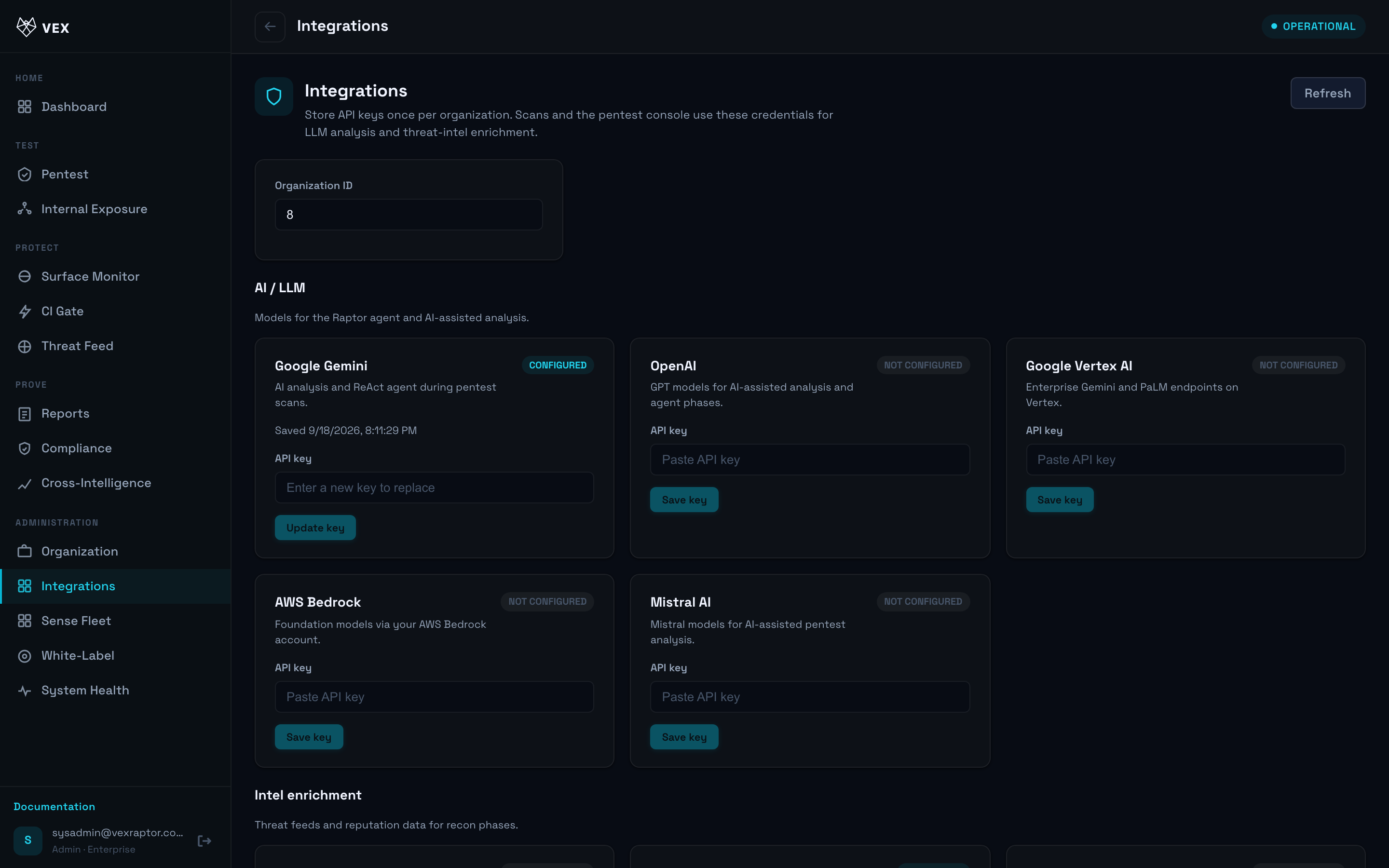 Vex Raptor console — integrations-list