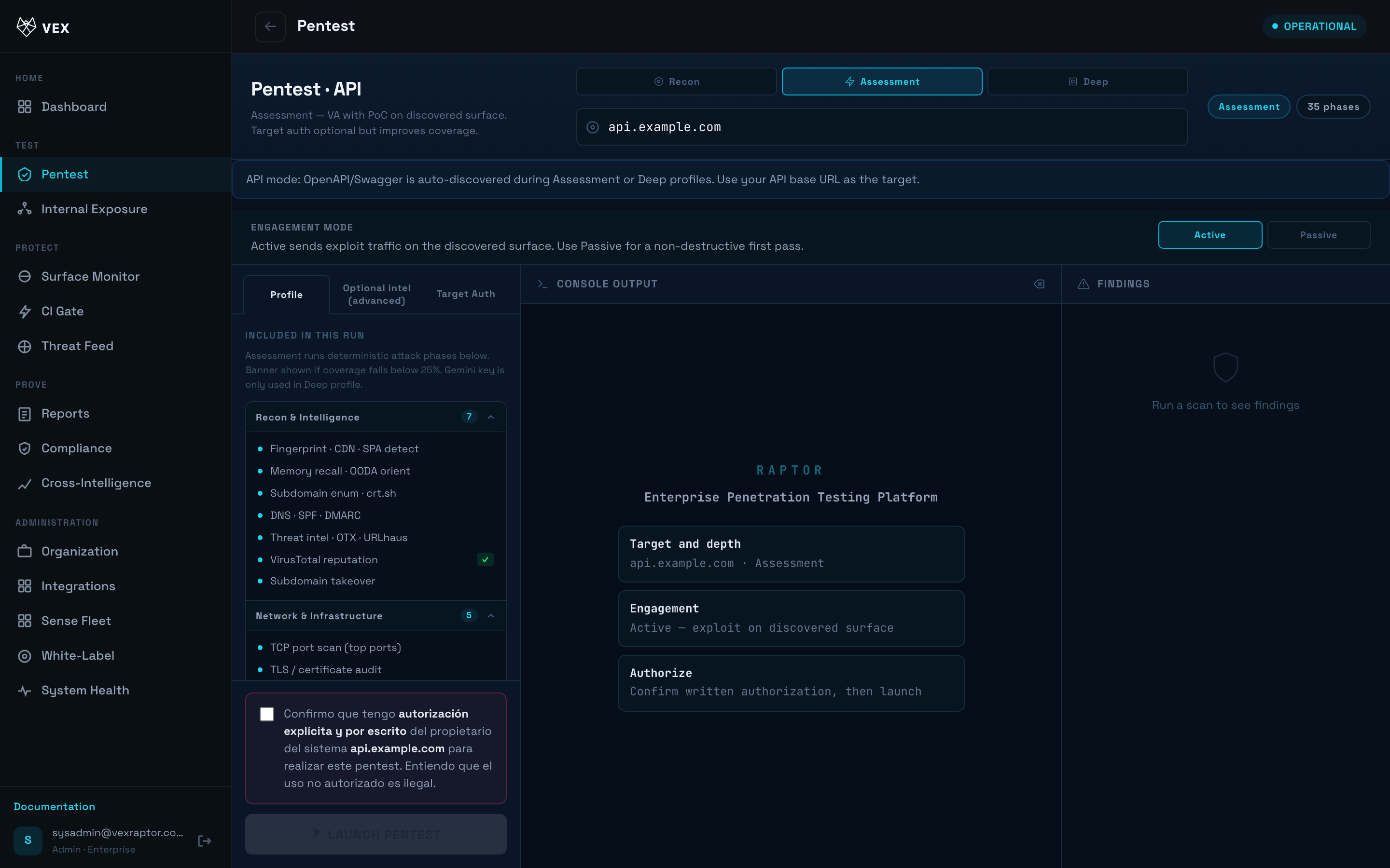 Vex Raptor console — scan-api-mode