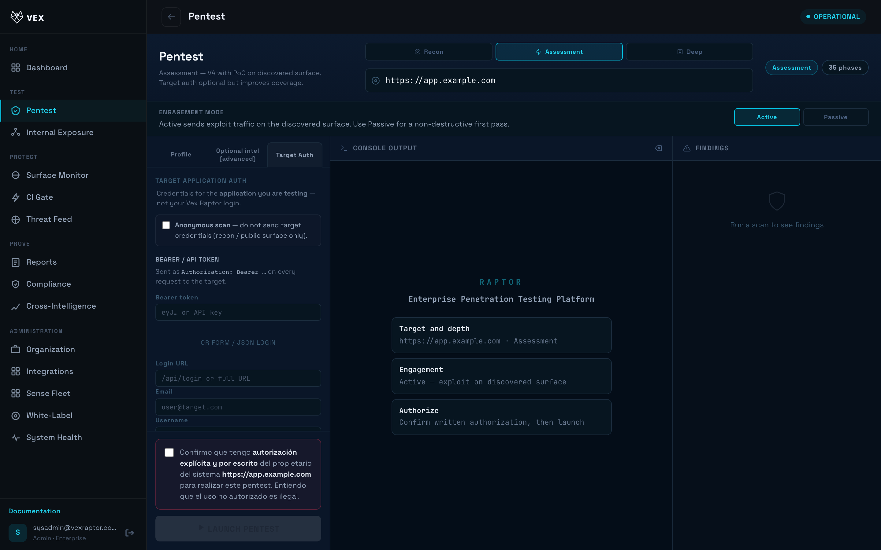 Vex Raptor console — scan-form-auth