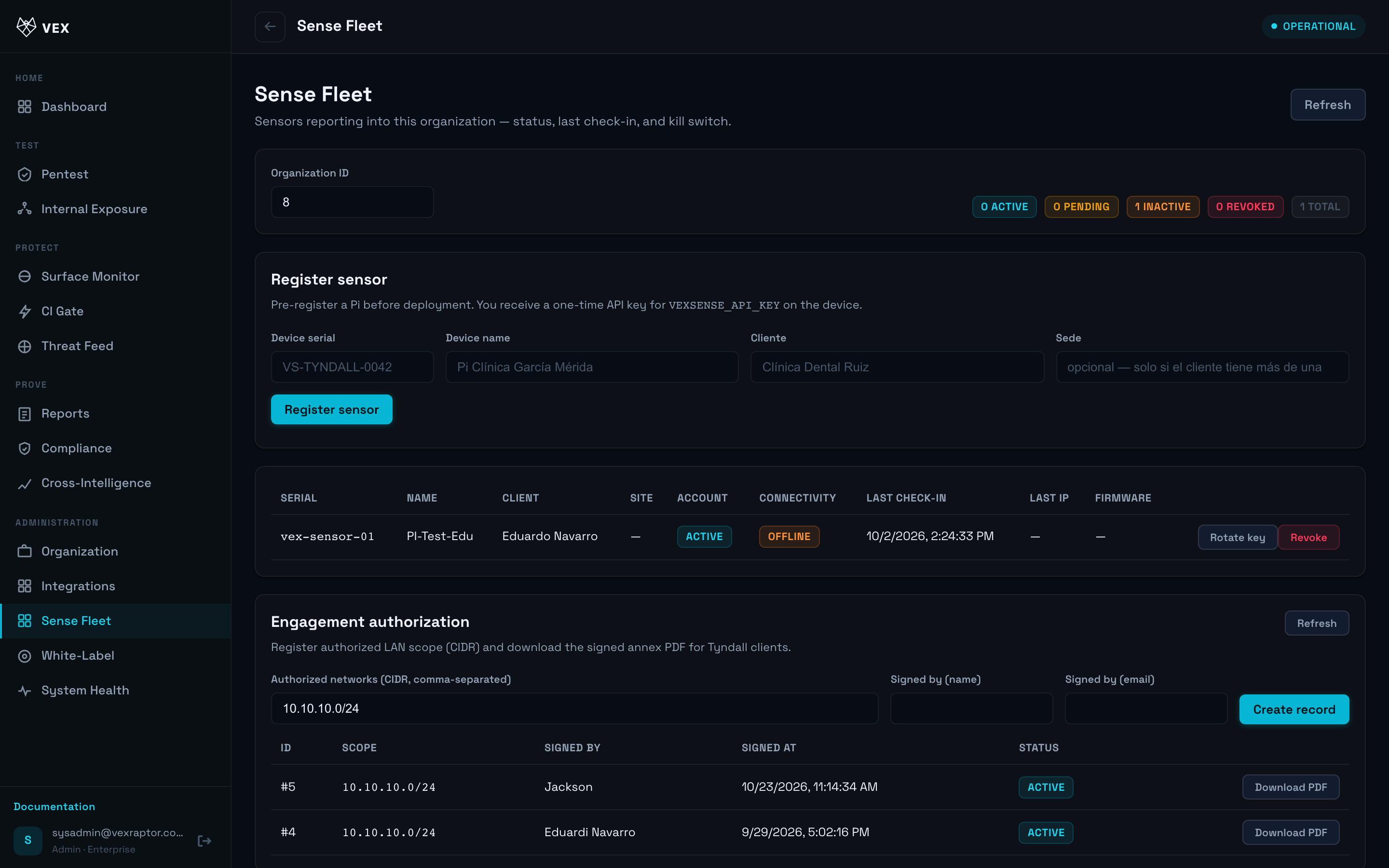 Vex Raptor console — sense-fleet-api-key-once