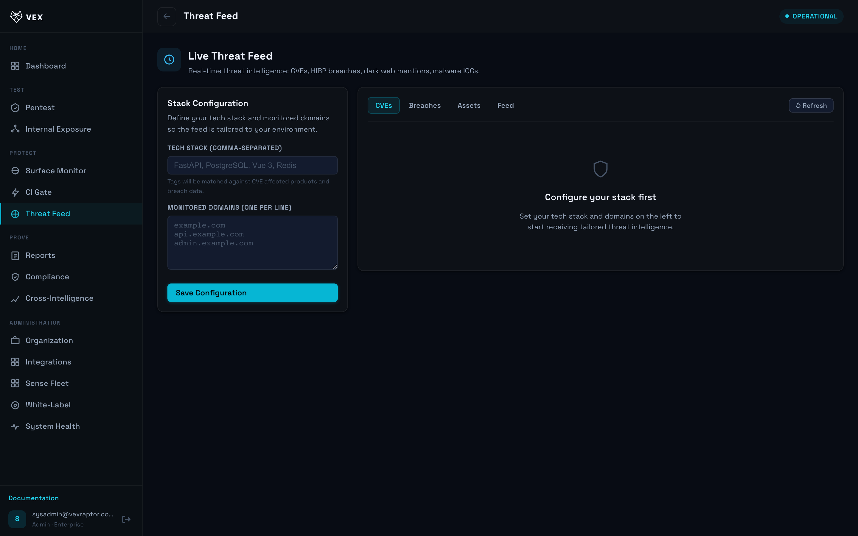 Vex Raptor console — threat-feed-list